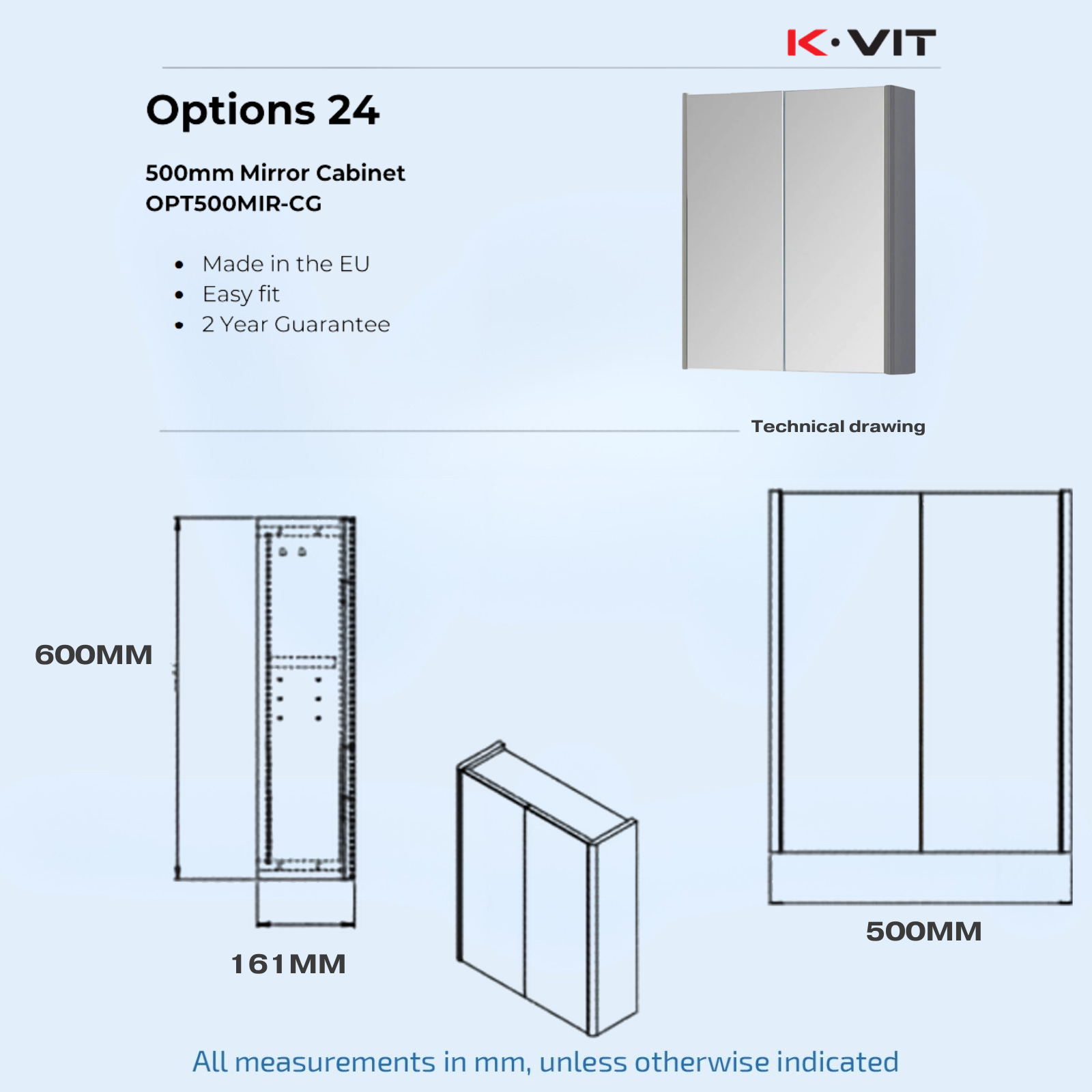Kartell Modern Options-24 500mm W x 600mm H Cool Grey Wall Mounted 2 Door Mirror Cabinet - OPT500MIR-CG