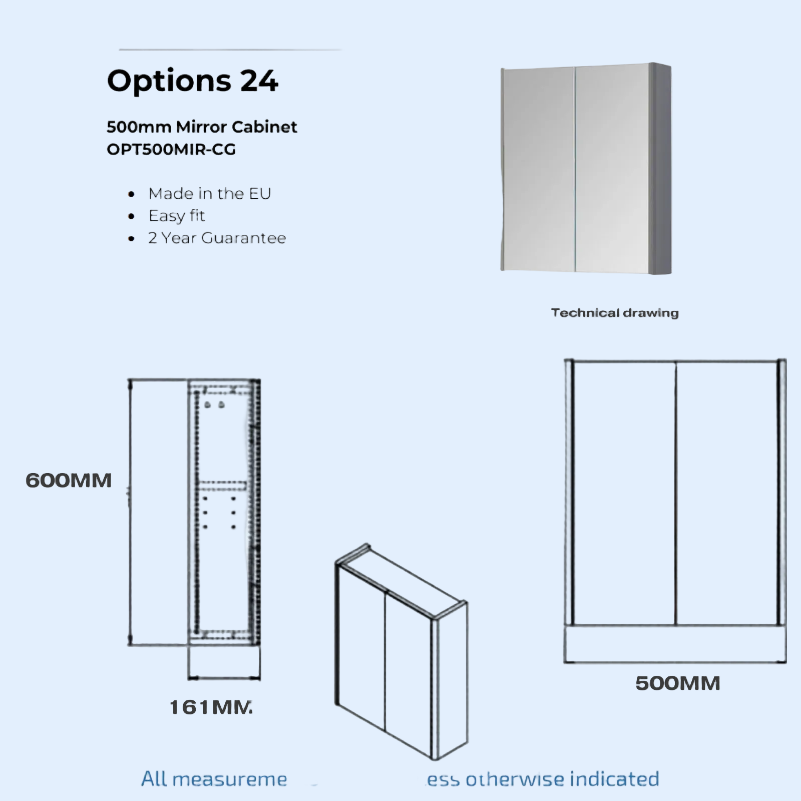 Kartell Modern Options-24 500mm W x 600mm H Cool Grey Wall Mounted 2 Door Mirror Cabinet - OPT500MIR-CG