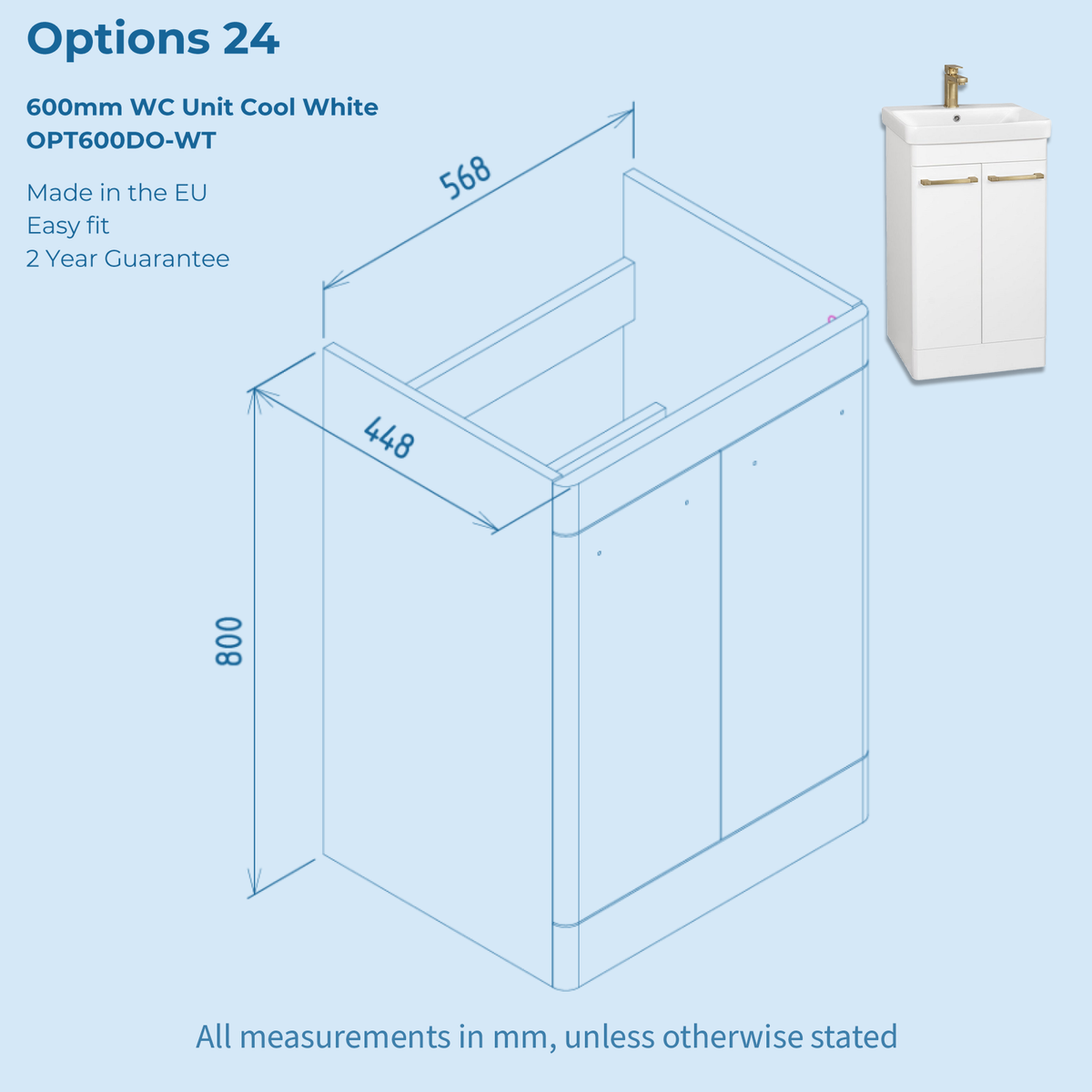 Kartell Options 24 600mm White 2 Door Vanity Unit & 600mm Rectangular Floorstanding Basin with handles