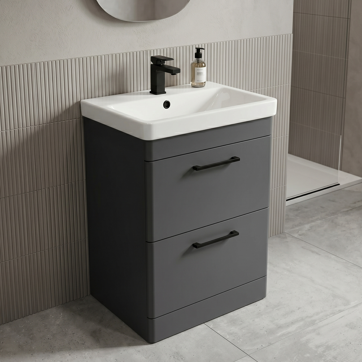 Kartell Options 24 600mm Cool Grey 2 Drawer Vanity Unit & 600mm Rectangular Floorstanding Basin with handles
