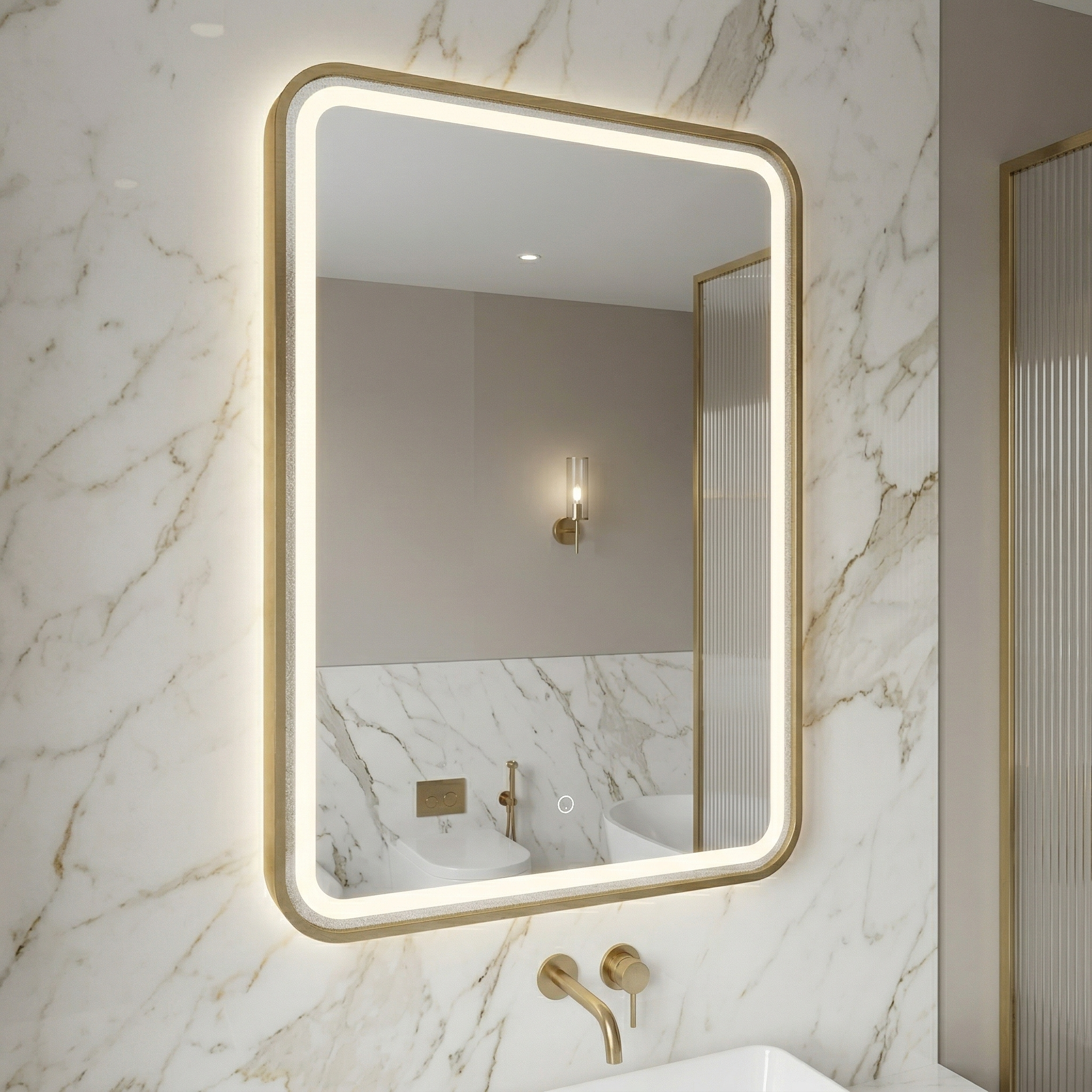 Kartell Ottone 500mm W x 700mm H Rectangle Brushed Brass Frame Front Lid LED Mirror Wall Mounted - OT5070