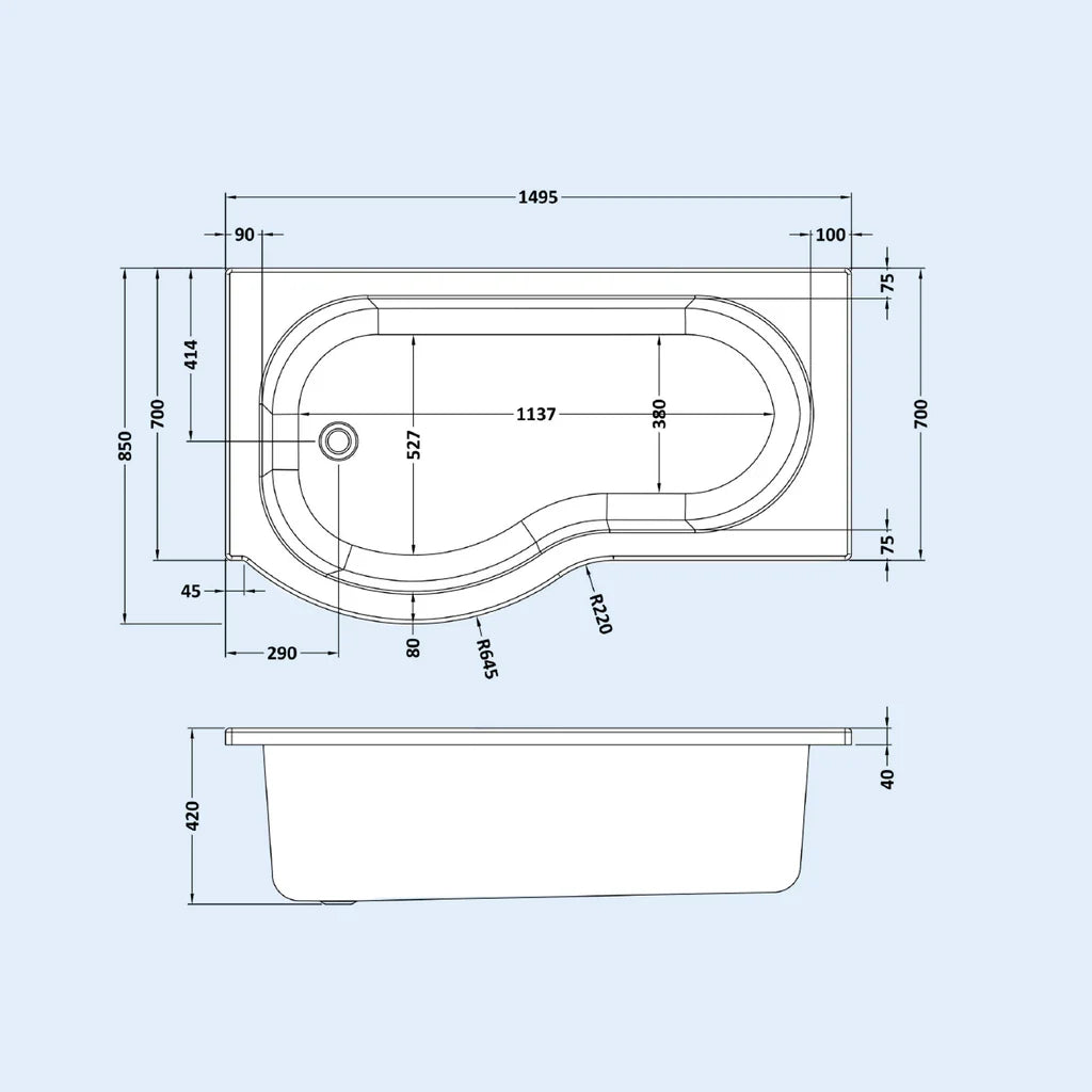 P Shaped LH 1500mm Curved Shower Bath Acrylic Front Panel & Screen