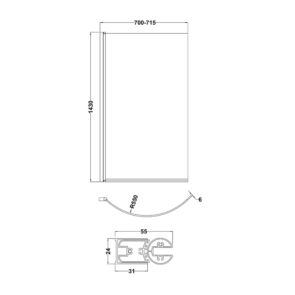 P Shaped LH 1500mm Curved Shower Bath Acrylic Front Panel & Screen