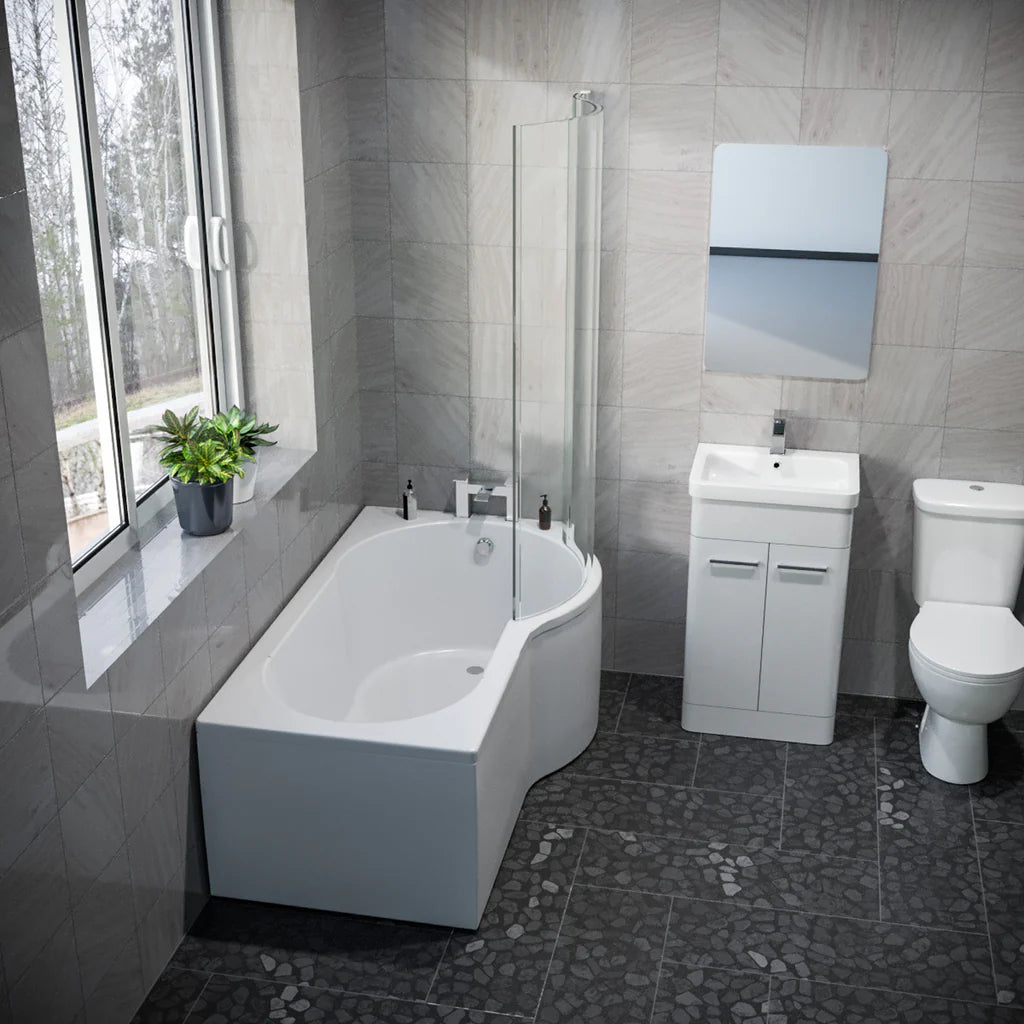 P Shaped RH 1500mm Curved Shower Bath Acrylic Front Panel & Screen