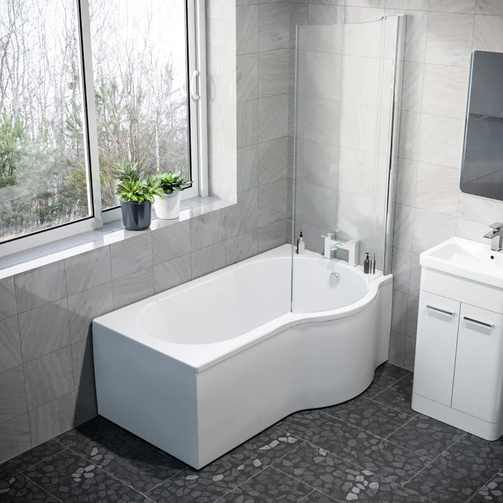 P Shaped RH 1500mm Curved Shower Bath Acrylic Front Panel & Screen