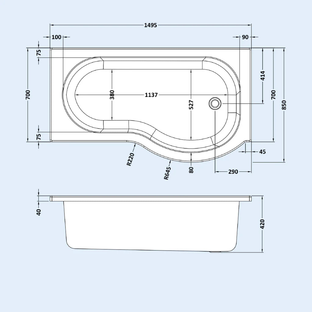 P Shaped RH 1500mm Curved Shower Bath Acrylic Front Panel & Screen
