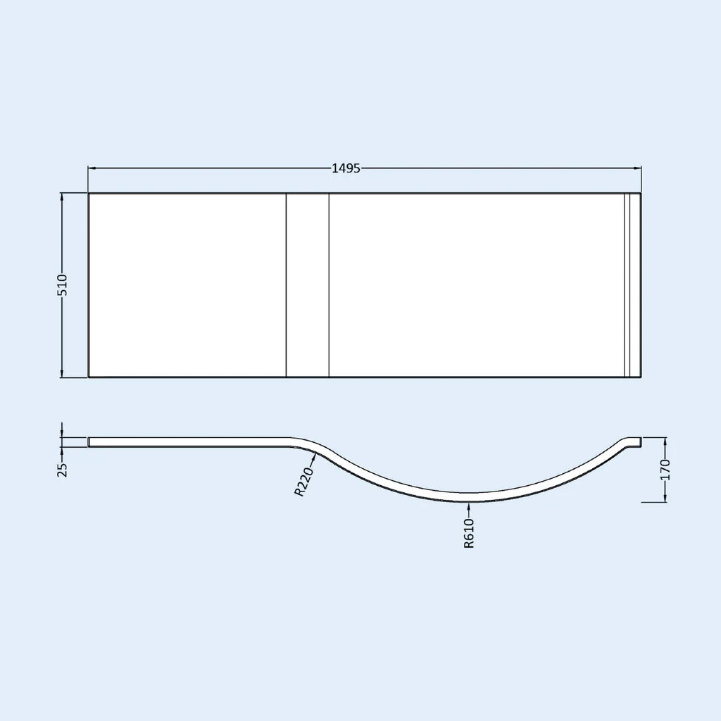 P Shaped RH 1500mm Curved Shower Bath Acrylic Front Panel & Screen