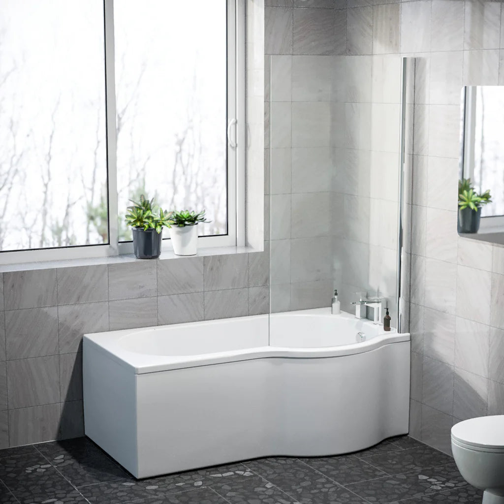 P Shaped RH 1500mm Curved Shower Bath Acrylic Front Panel & Screen