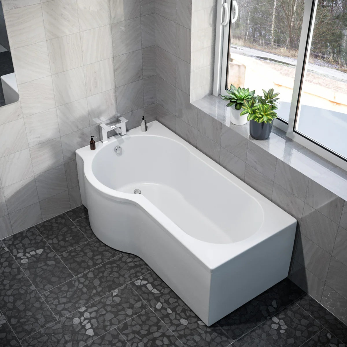 1600mm P Shaped Left Hand Curved Shower Bath Acrylic