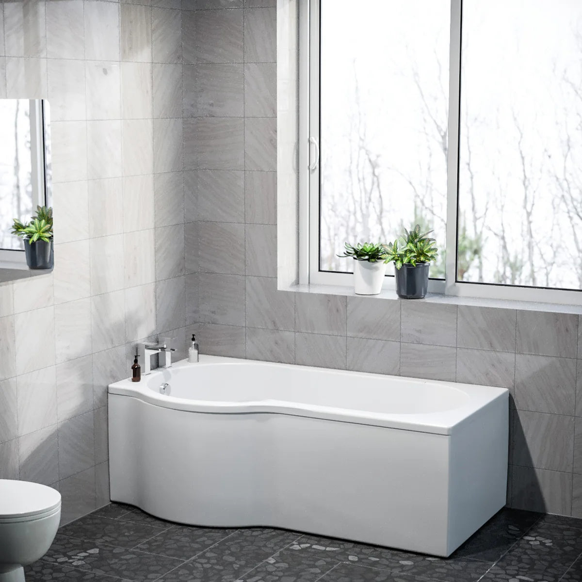 1600mm P Shaped Left Hand Curved Shower Bath Acrylic