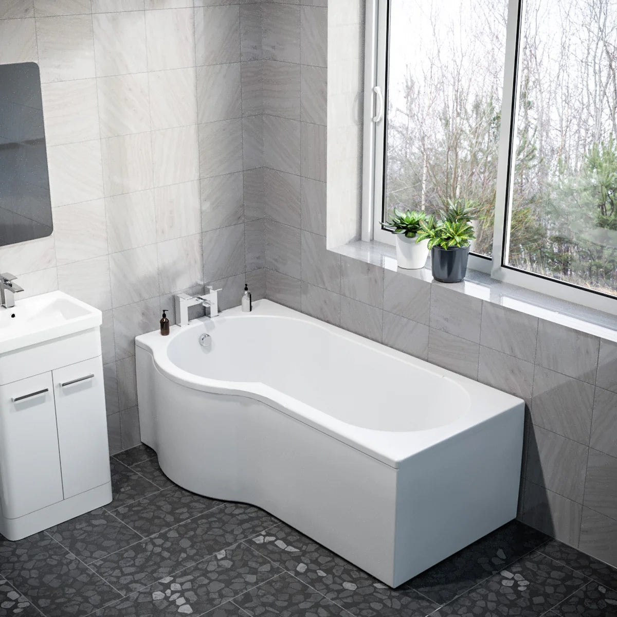 1600mm P Shaped Left Hand Curved Shower Bath Acrylic