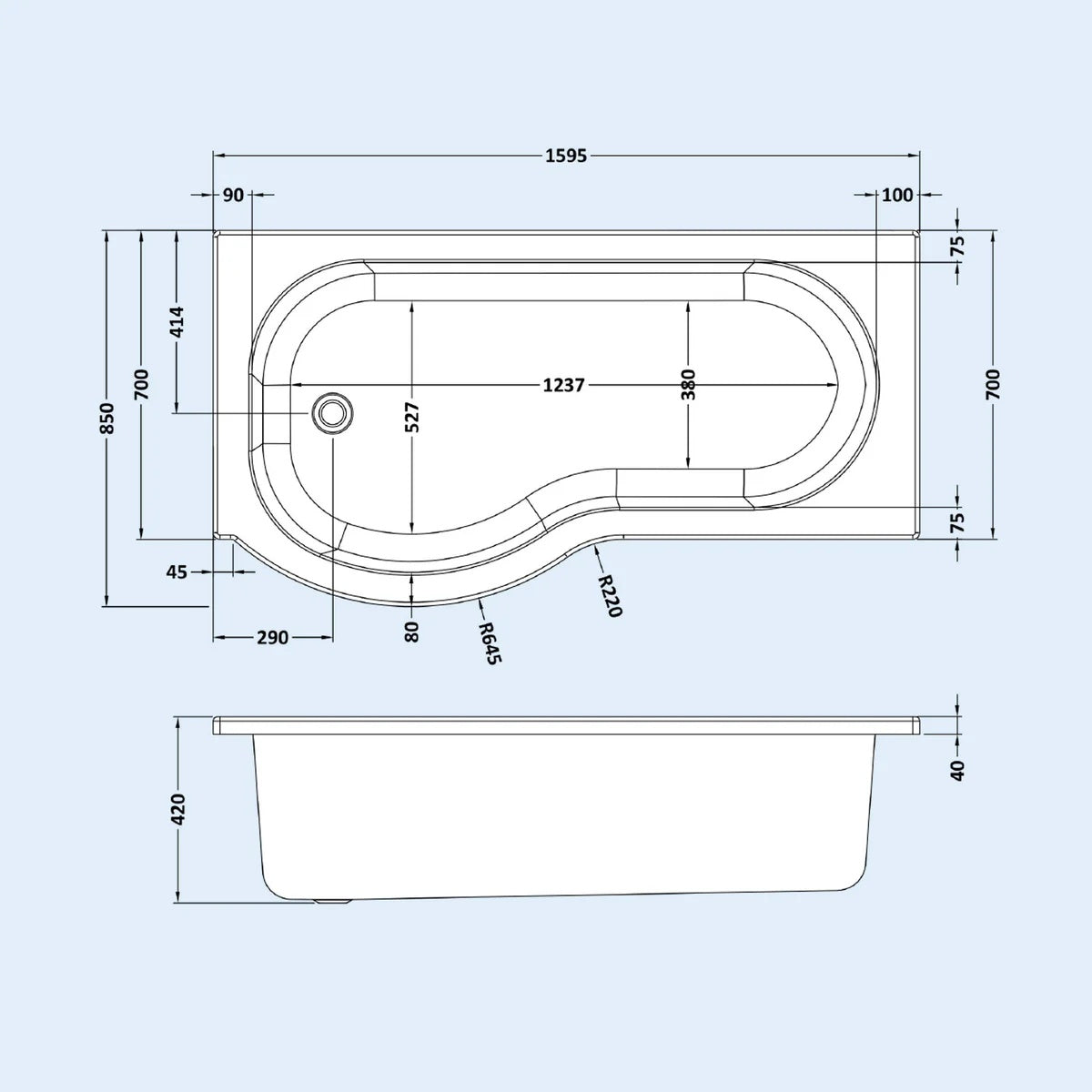 1600mm P Shaped Left Hand Curved Shower Bath Acrylic