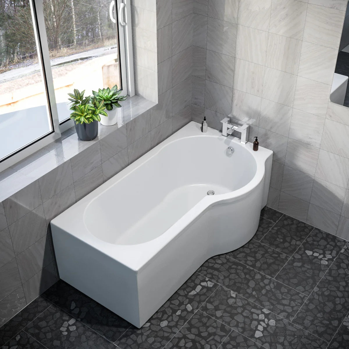 1600mm P Shaped Right Hand Curved Shower Bath Acrylic