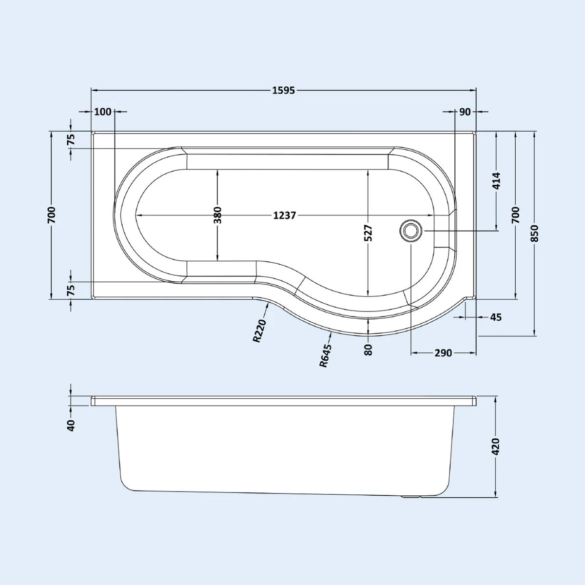 1600mm P Shaped Right Hand Curved Shower Bath Acrylic