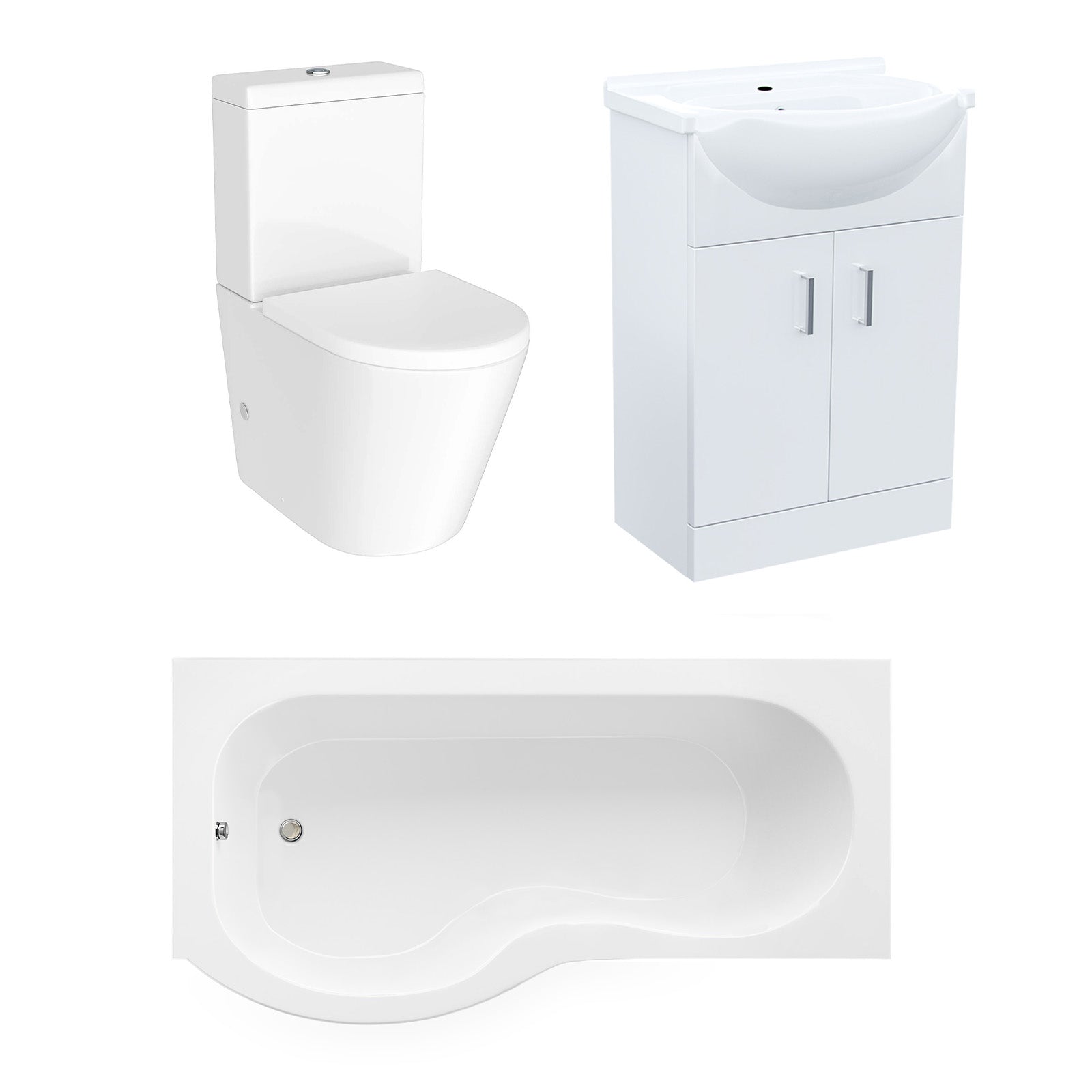 Ellen LH White P-Shaped Bath Suite WC Close Coupled Toilet Basin Vanity Unit