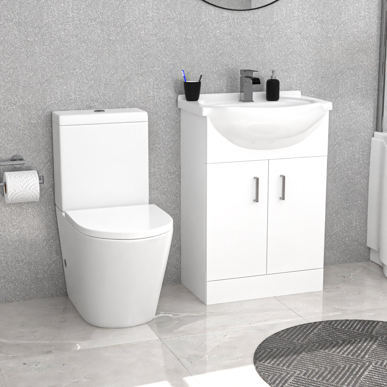 Ellen Left Hand P-Shaped Bath With Screen, Basin Vanity Unit & Close Coupled Toilet