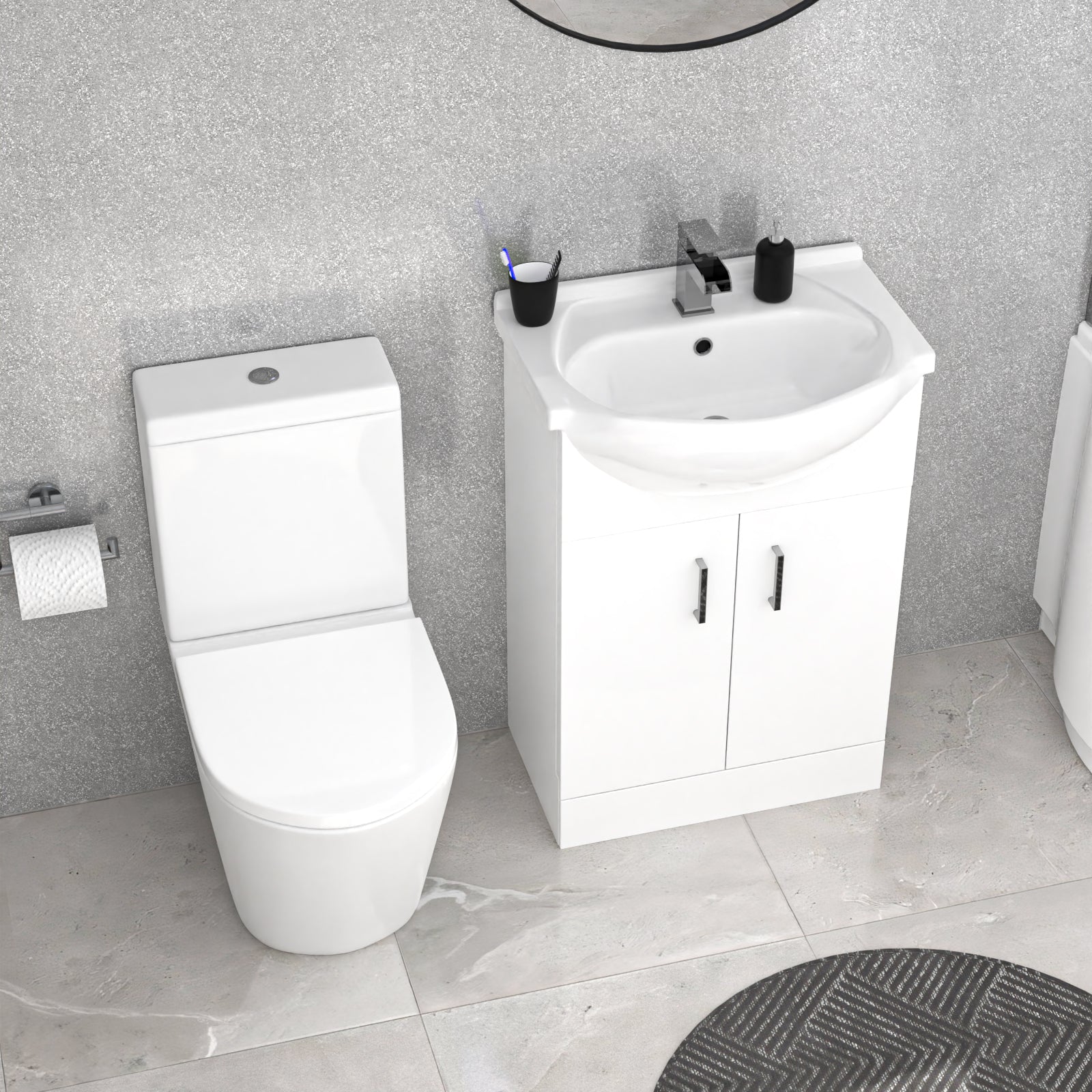 Ellen Left Hand P-Shaped Bath With Screen, Basin Vanity Unit & Close Coupled Toilet