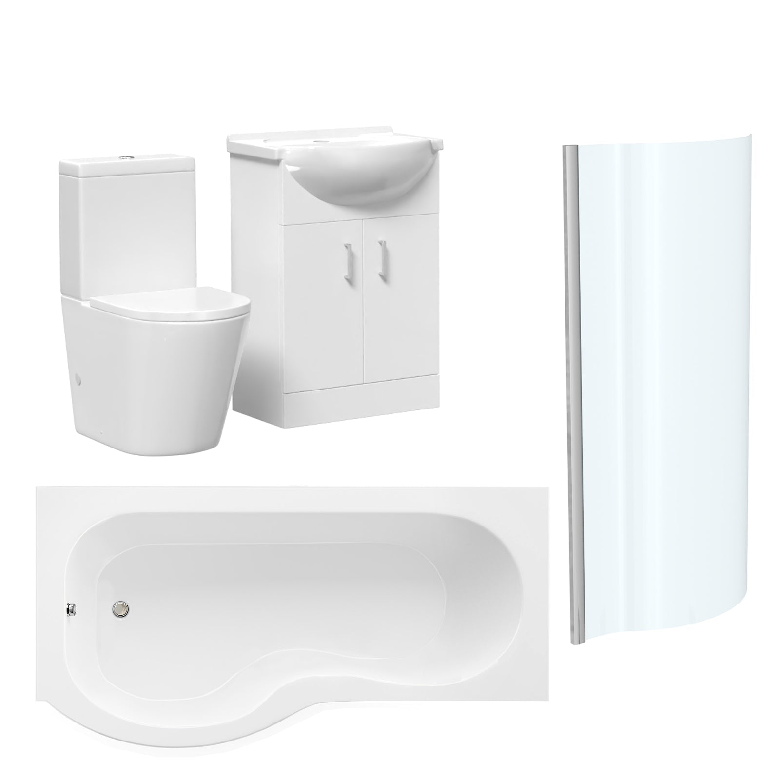 Ellen Left Hand P-Shaped Bath With Screen, Basin Vanity Unit & Close Coupled Toilet