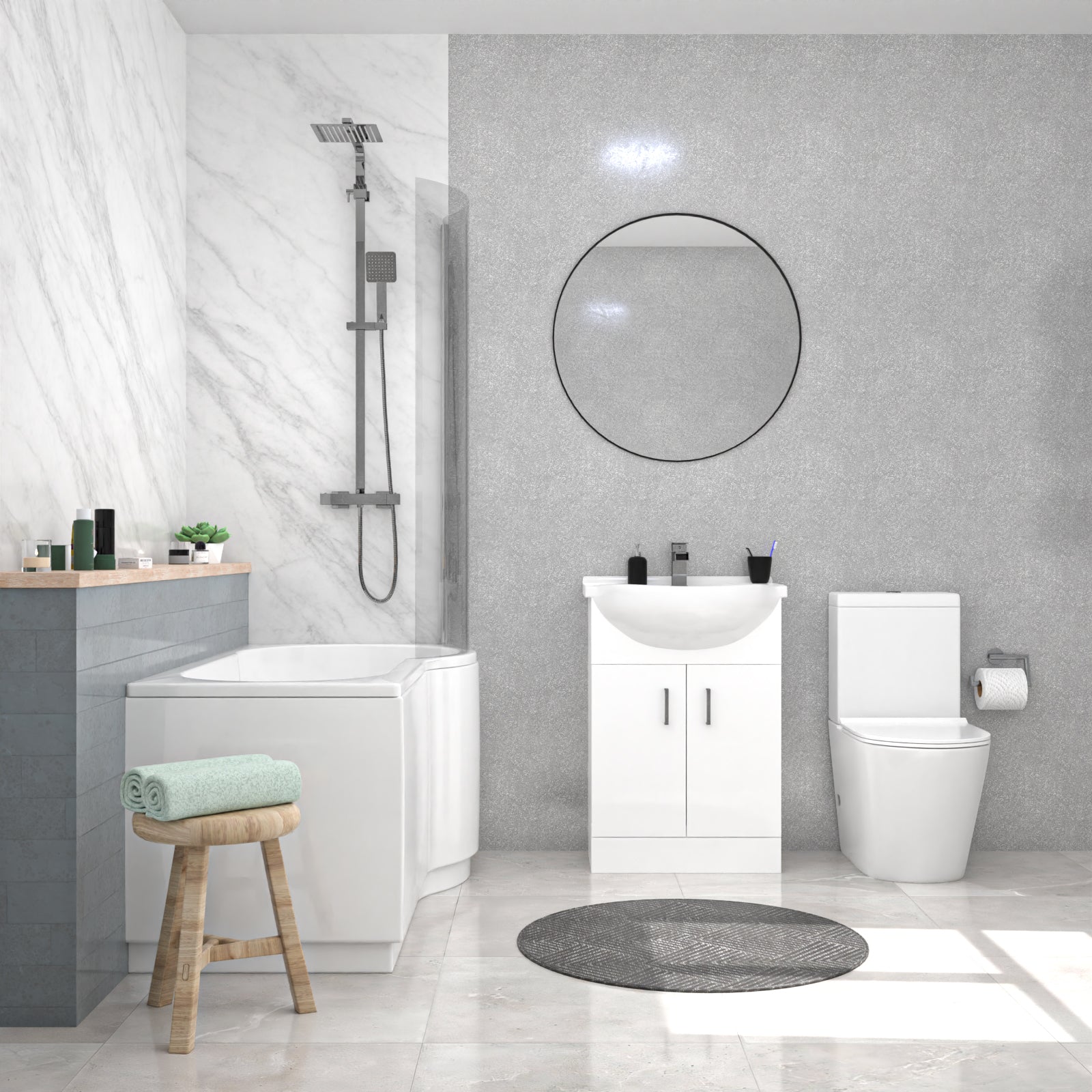 Ellen Right Hand P-Shaped Bath With Screen, Basin Vanity Unit & Close Coupled Toilet