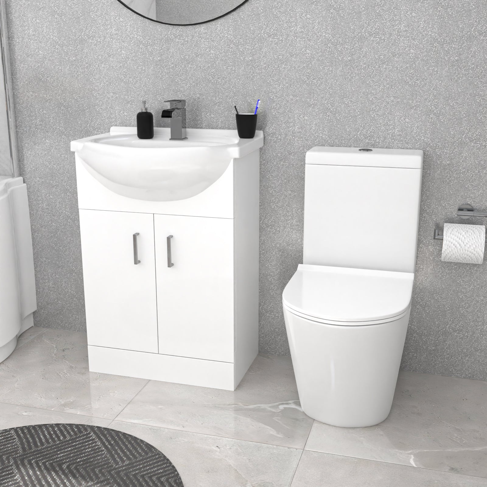 Ellen Right Hand P-Shaped Bath With Screen, Basin Vanity Unit & Close Coupled Toilet