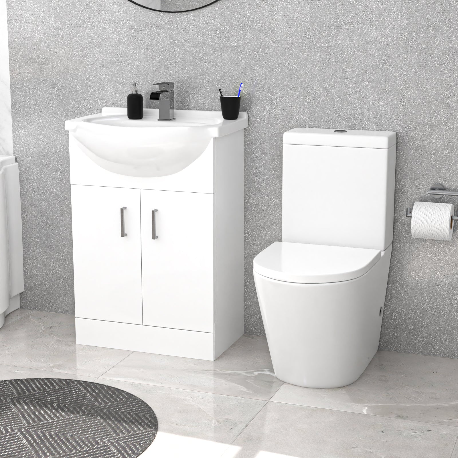 Ellen White P-Shaped Bath Suite WC Close Coupled Toilet Basin Sink Vanity Unit Right Hand