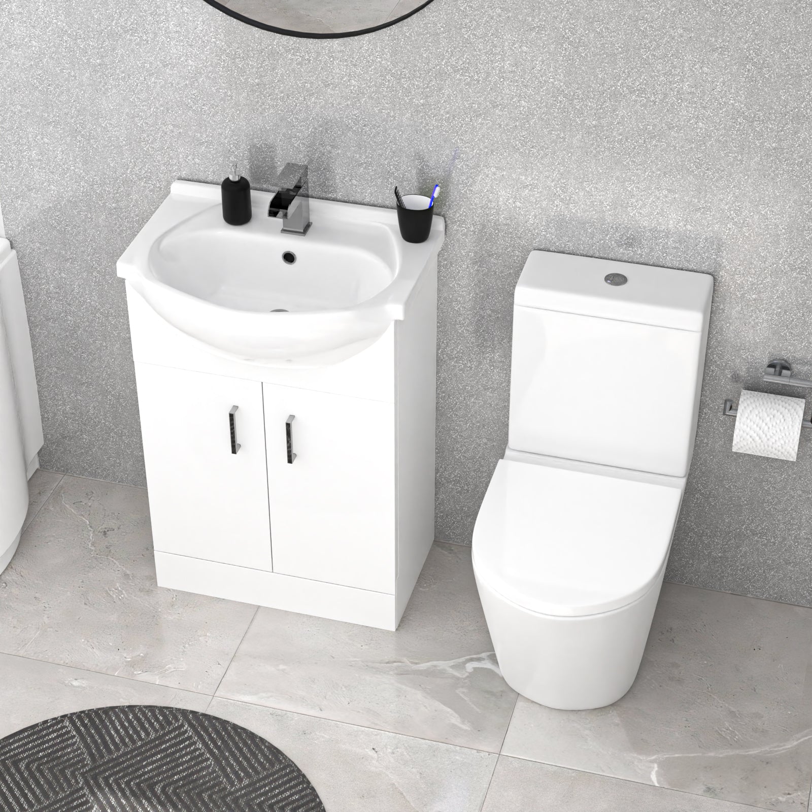 Ellen White P-Shaped Bath Suite WC Close Coupled Toilet Basin Sink Vanity Unit Right Hand