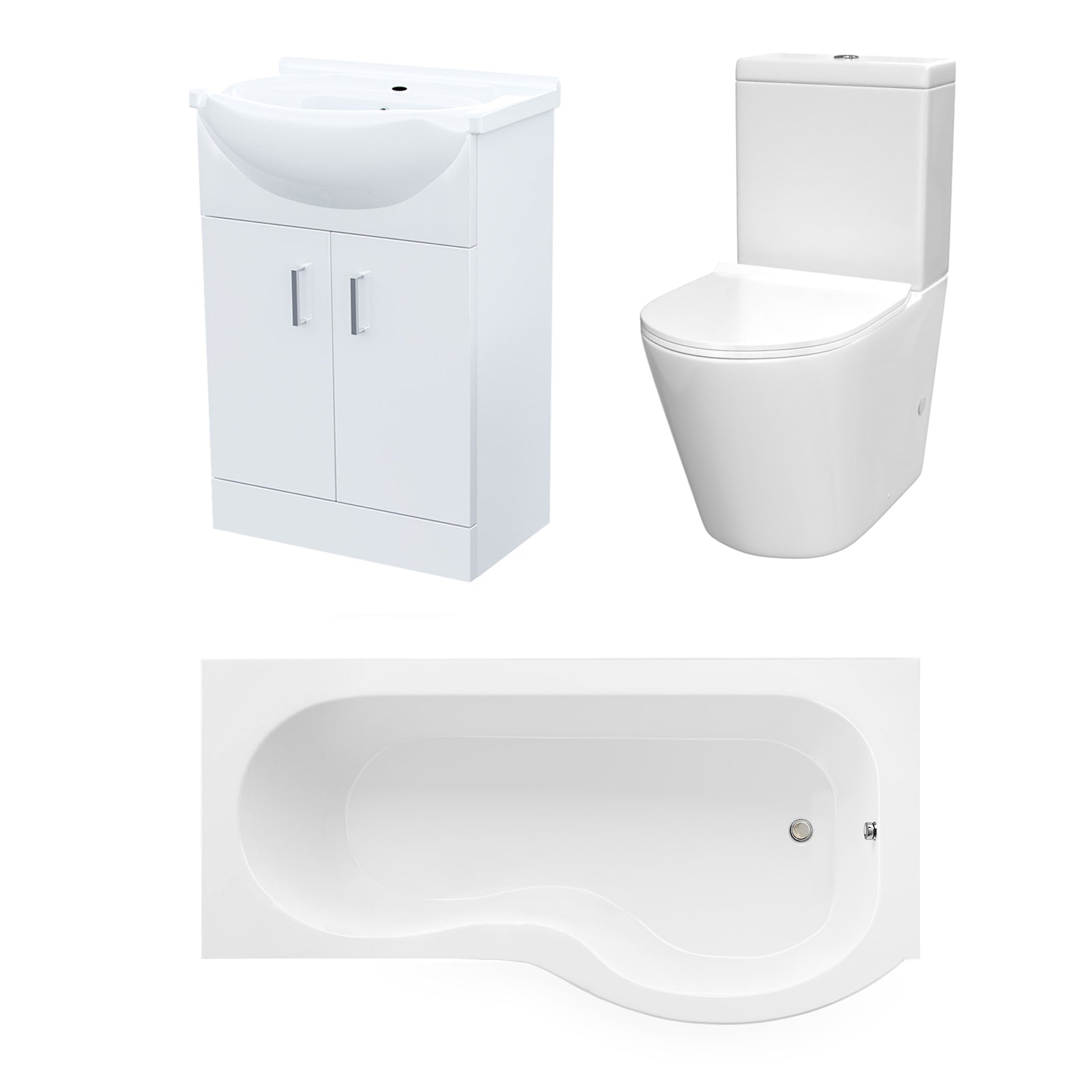 Ellen White P-Shaped Bath Suite WC Close Coupled Toilet Basin Sink Vanity Unit Right Hand