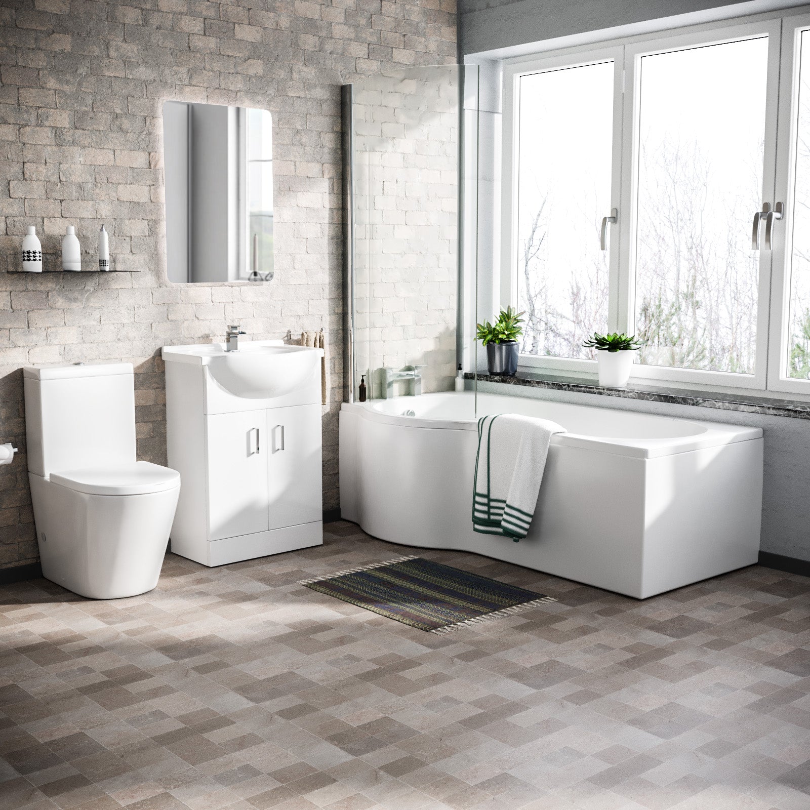 Ellen P-Shaped Left Handed Bath, Floor Standing Vanity Unit and Close Coupled Toilet Suite