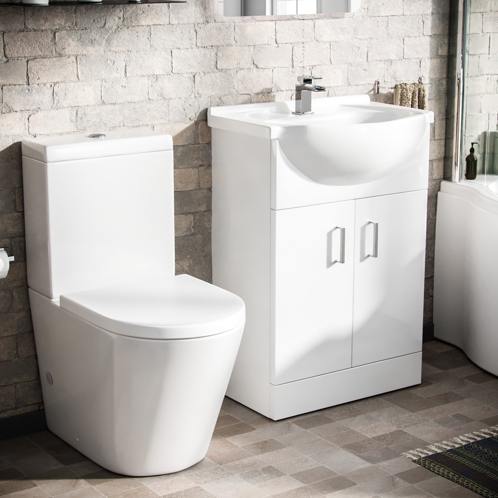 Ellen P-Shaped Left Handed Bath, Floor Standing Vanity Unit and Close Coupled Toilet Suite