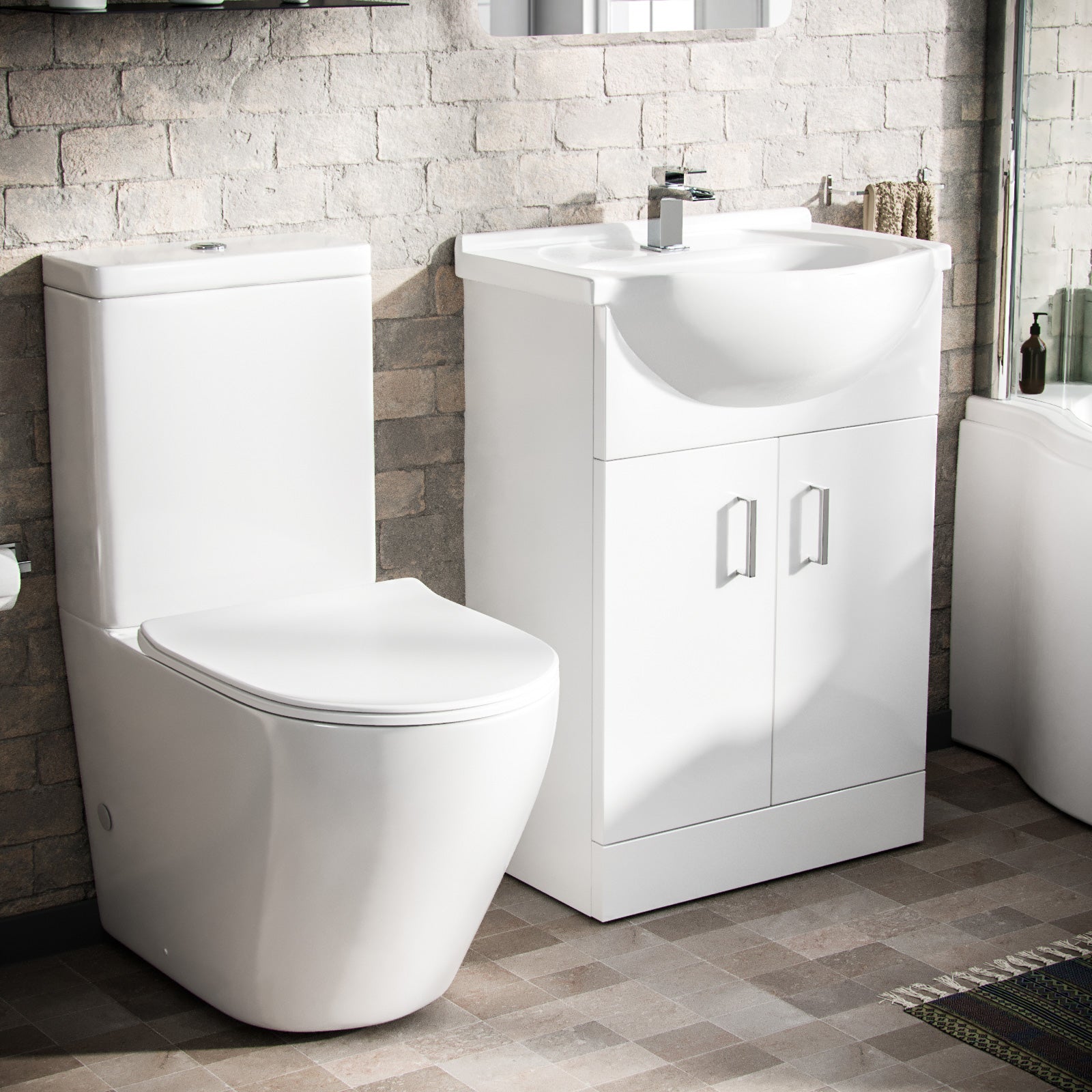 Ellen P-Shaped LH Bath 550mm Floor Vanity Unit & Curved Toilet Suite