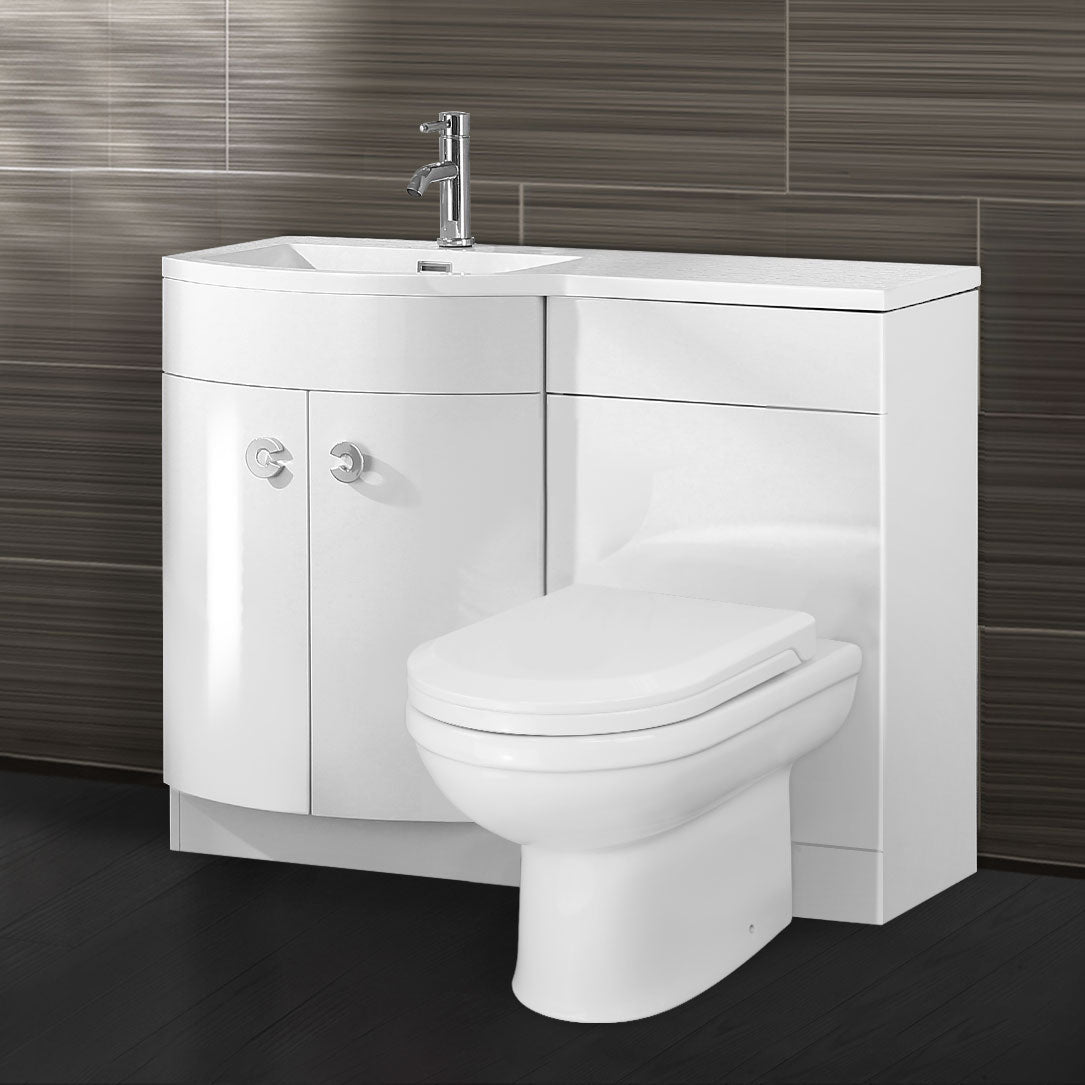 Dene 1100 mm White P Shape Bathroom LH Vanity Suite Unit BTW Toilet White Square