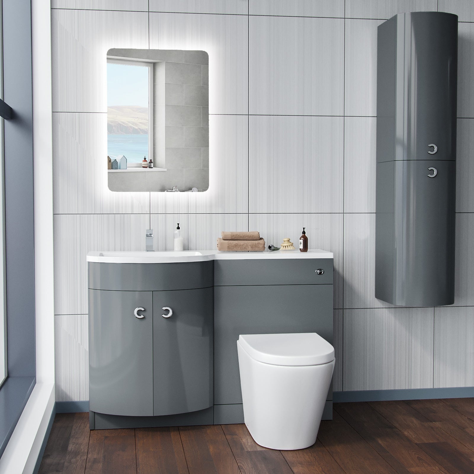 Dene Grey 1100 mm Bathroom Left Hand Basin Vanity Unit & Back To Wall WC Toilet