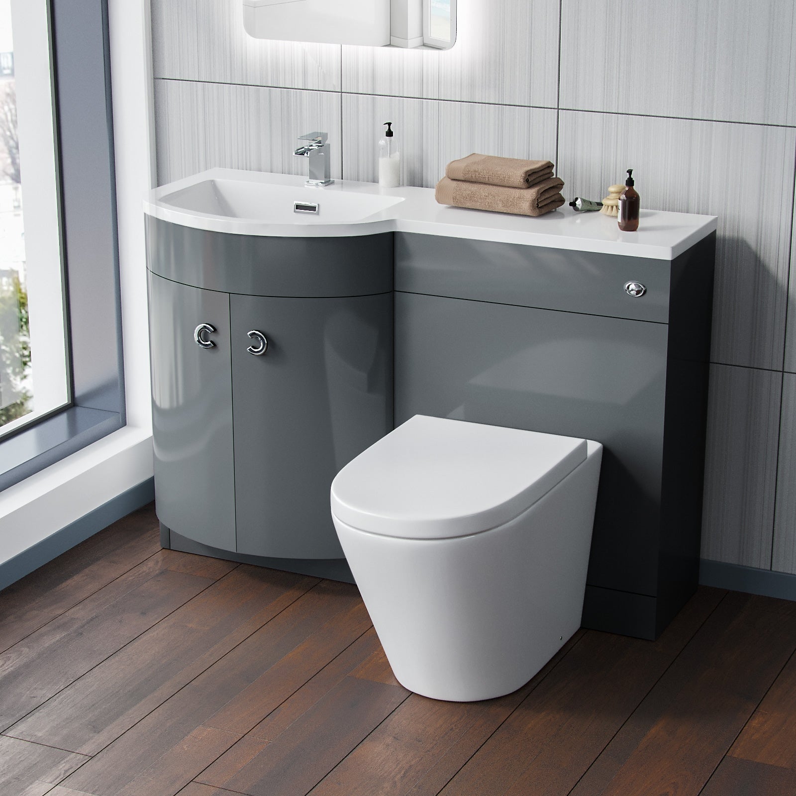 Dene Grey 1100 mm Bathroom Left Hand Basin Vanity Unit & Back To Wall WC Toilet