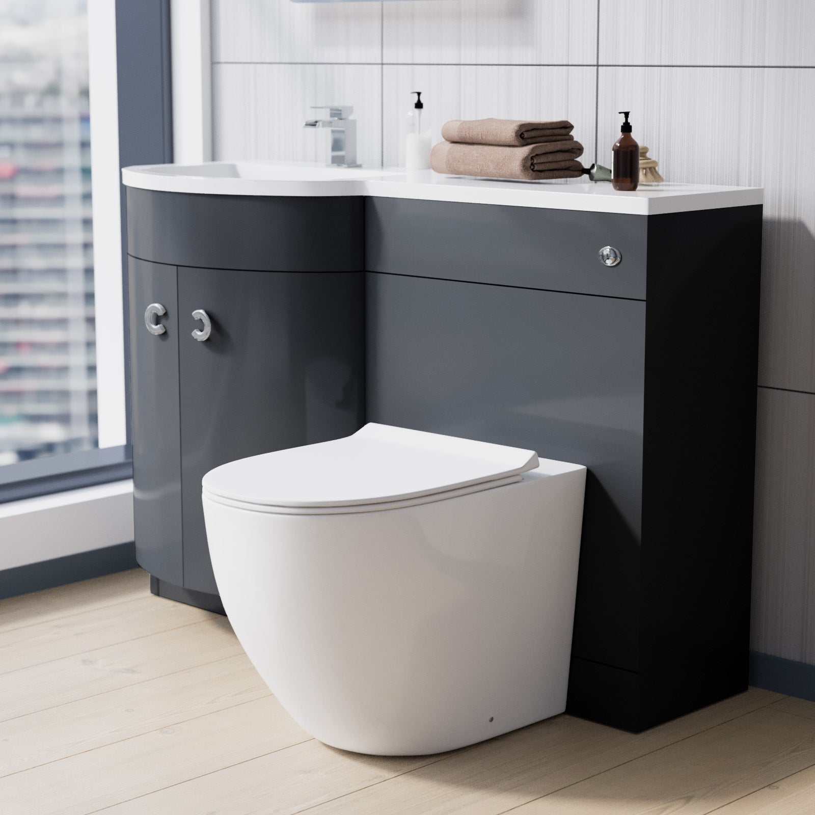 Dene Grey 1100mm LH BTW Soft Close Toilet & Resin Basin