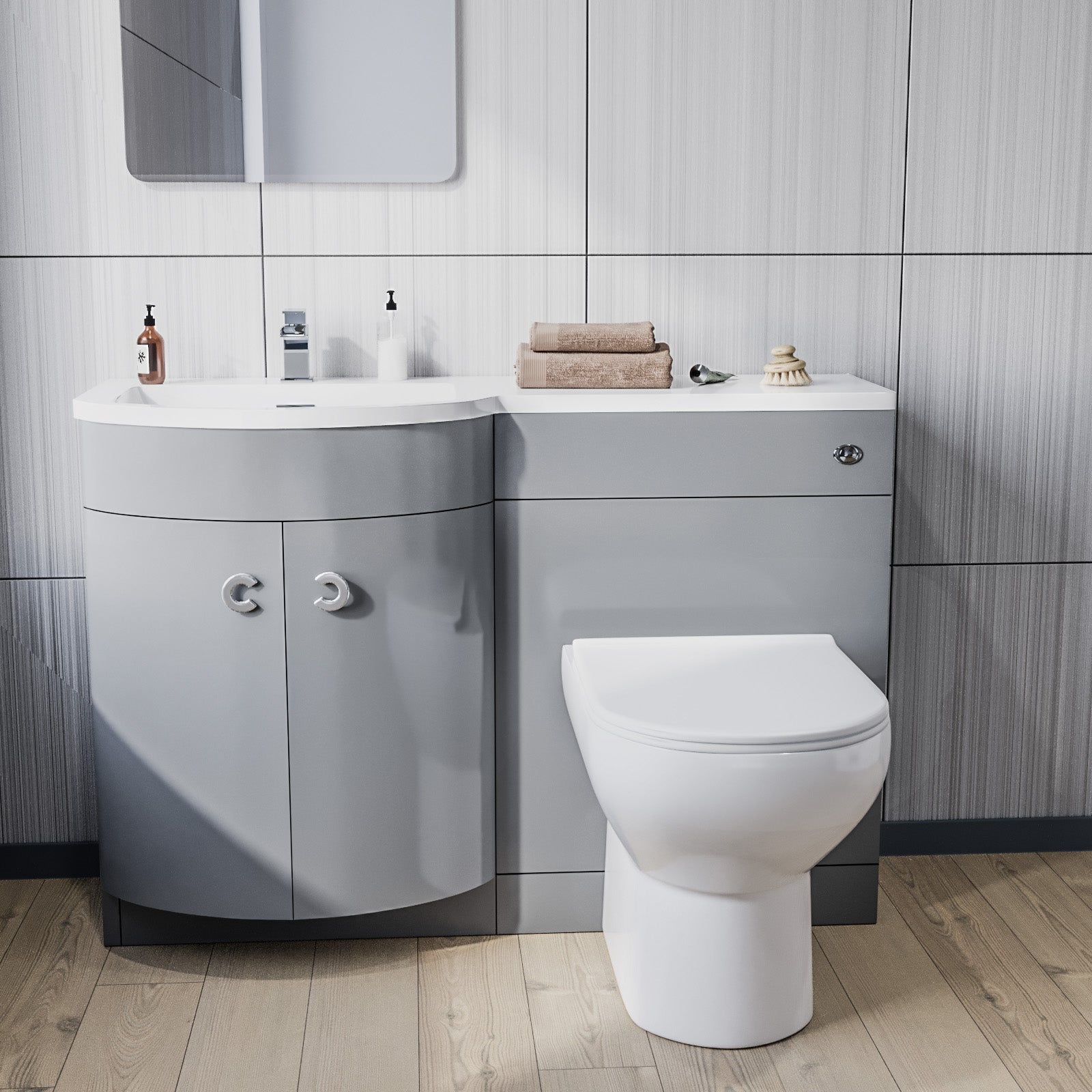 Dene Grey 1100mm Left Hand Basin Combination Vanity Unit, WC unit, Back To Wall Toilet