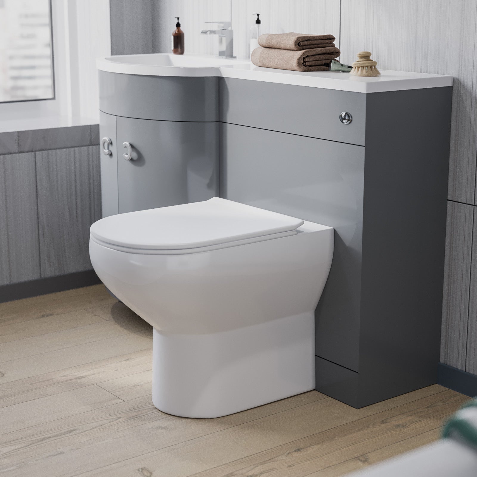 Dene Grey 1100mm Left Hand Basin Combination Vanity Unit, WC unit, Back To Wall Toilet