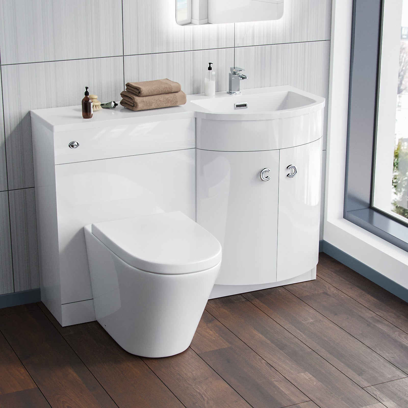 Dene White 1100mm Bathroom Freestanding P-Shaped RH Basin Vanity Unit, WC & BTW Toilet Set