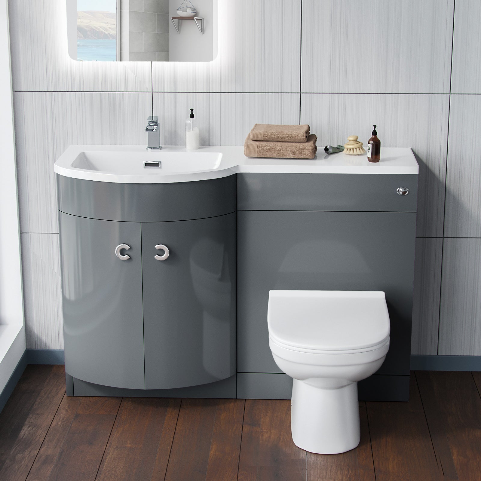 Dene Grey 1100mm Bathroom Basin LH Sink Vanity Unit Back To Wall WC Toilet