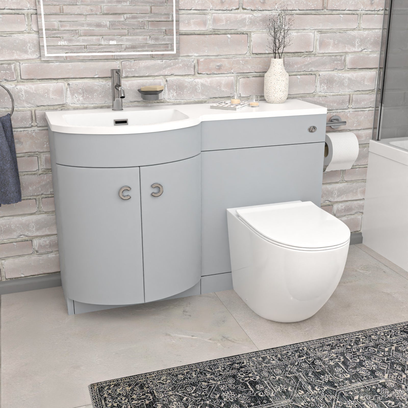 Dene L-Shaped LH Bath Matte Grey Basin Vanity Unit & White BTW Toilet