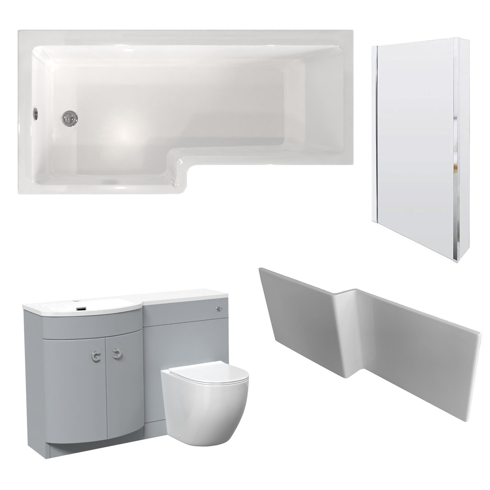 Dene L-Shaped LH Bath Matte Grey Basin Vanity Unit & White BTW Toilet
