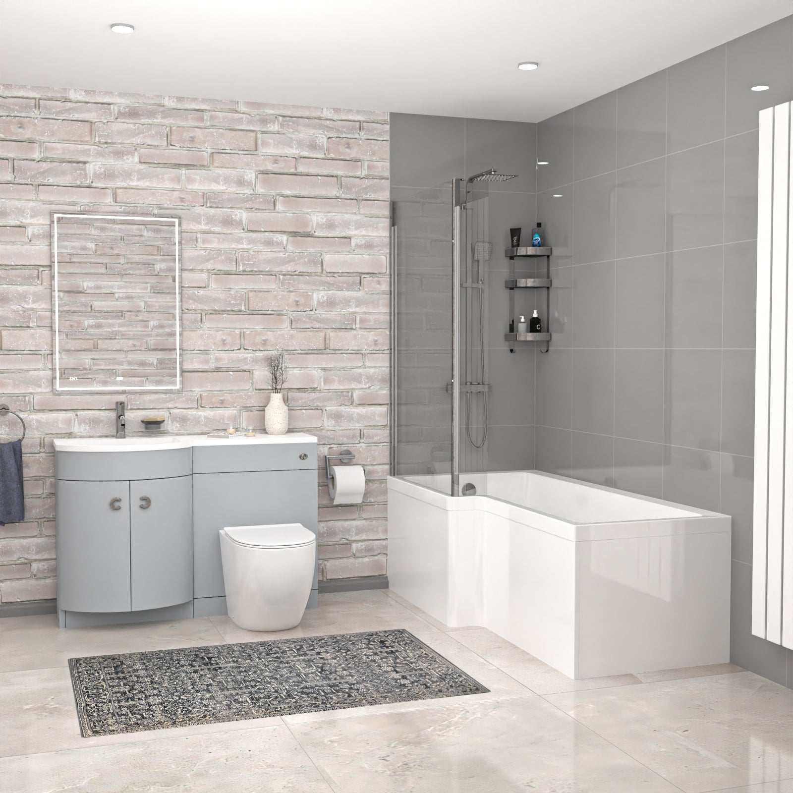 Dene L-Shaped LH Bath Matte Grey Basin Vanity Unit & White BTW Toilet