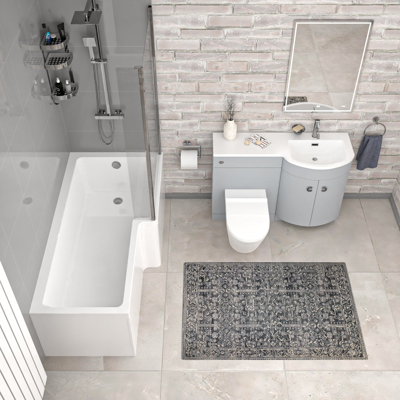 Dene L-Shaped RH Bath Matte Grey Basin Vanity Unit & Rimless BTW Toilet