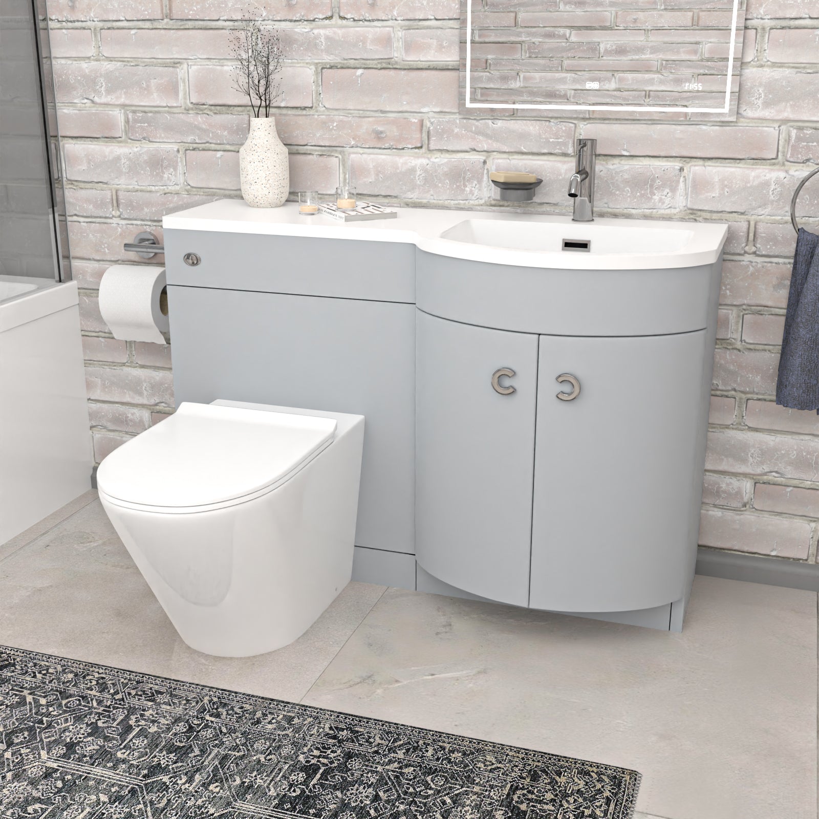 Dene L-Shaped RH Bath Matte Grey Basin Vanity Unit & Rimless BTW Toilet