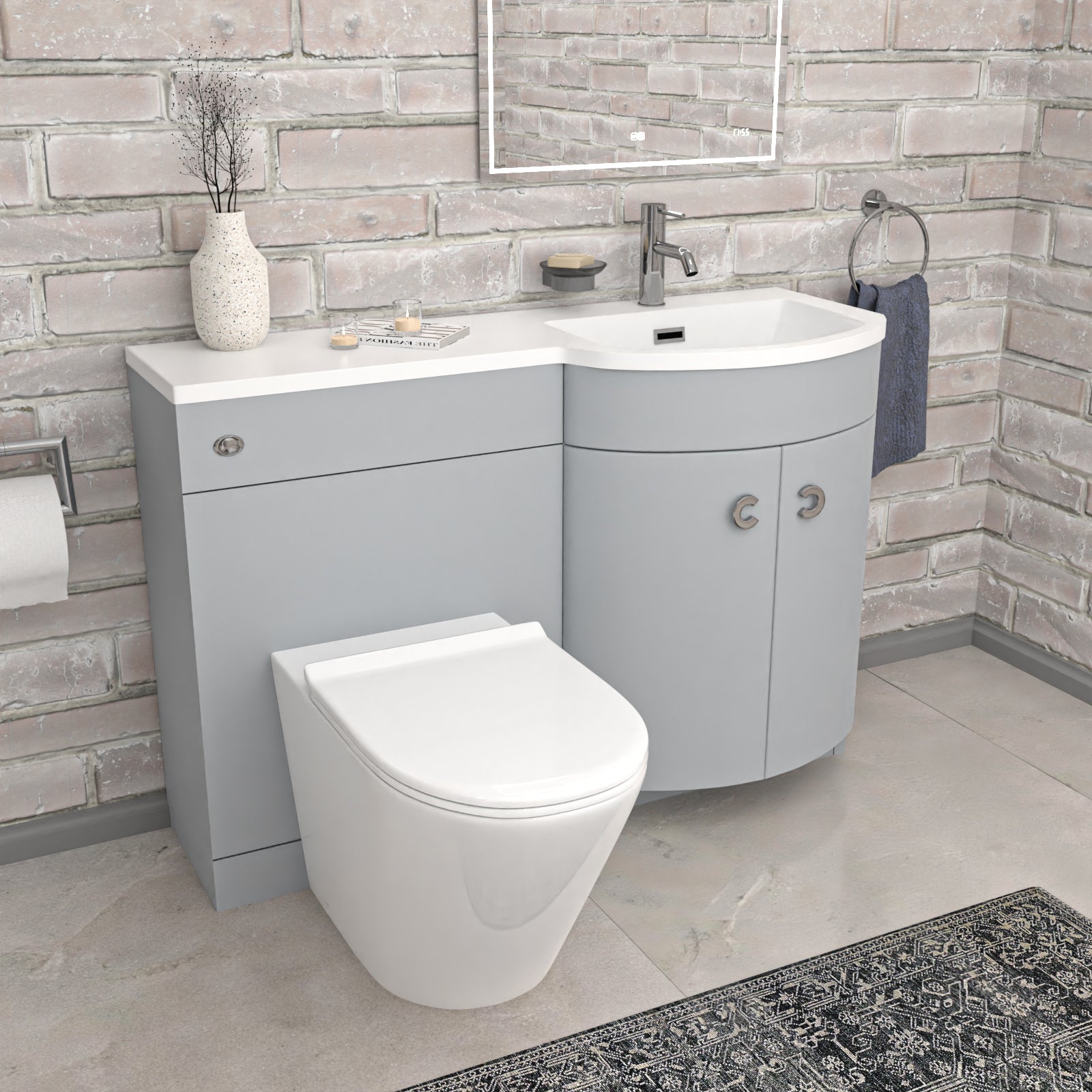 Dene L-Shaped RH Bath Matte Grey Basin Vanity Unit & Rimless BTW Toilet