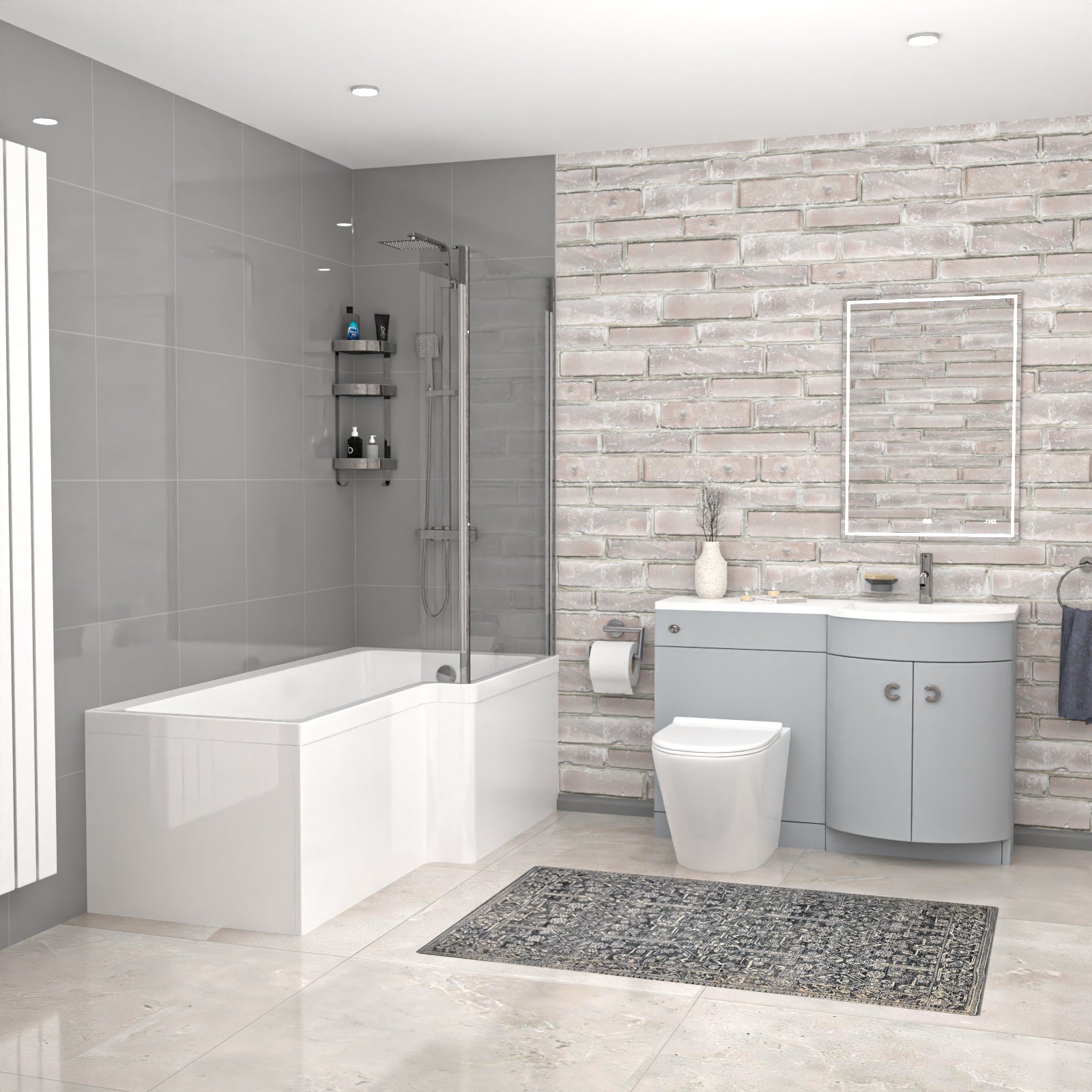 Dene L-Shaped RH Bath Matte Grey Basin Vanity Unit & Rimless BTW Toilet