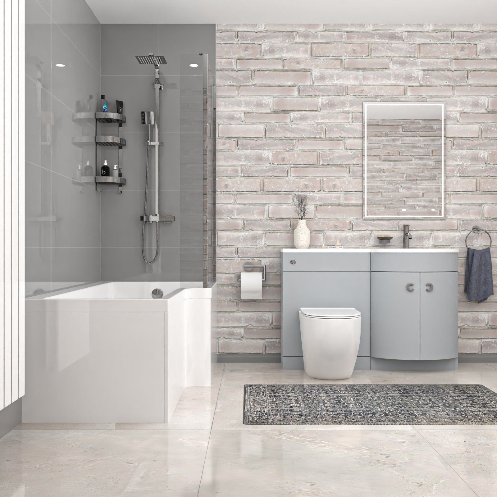 Dene L-Shaped RH Bath Matte Grey Basin Vanity Unit & White BTW Toilet