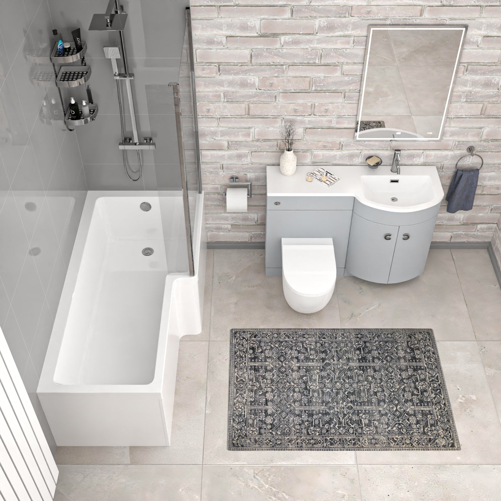 Dene L-Shaped RH Bath Matte Grey Basin Vanity Unit & White BTW Toilet