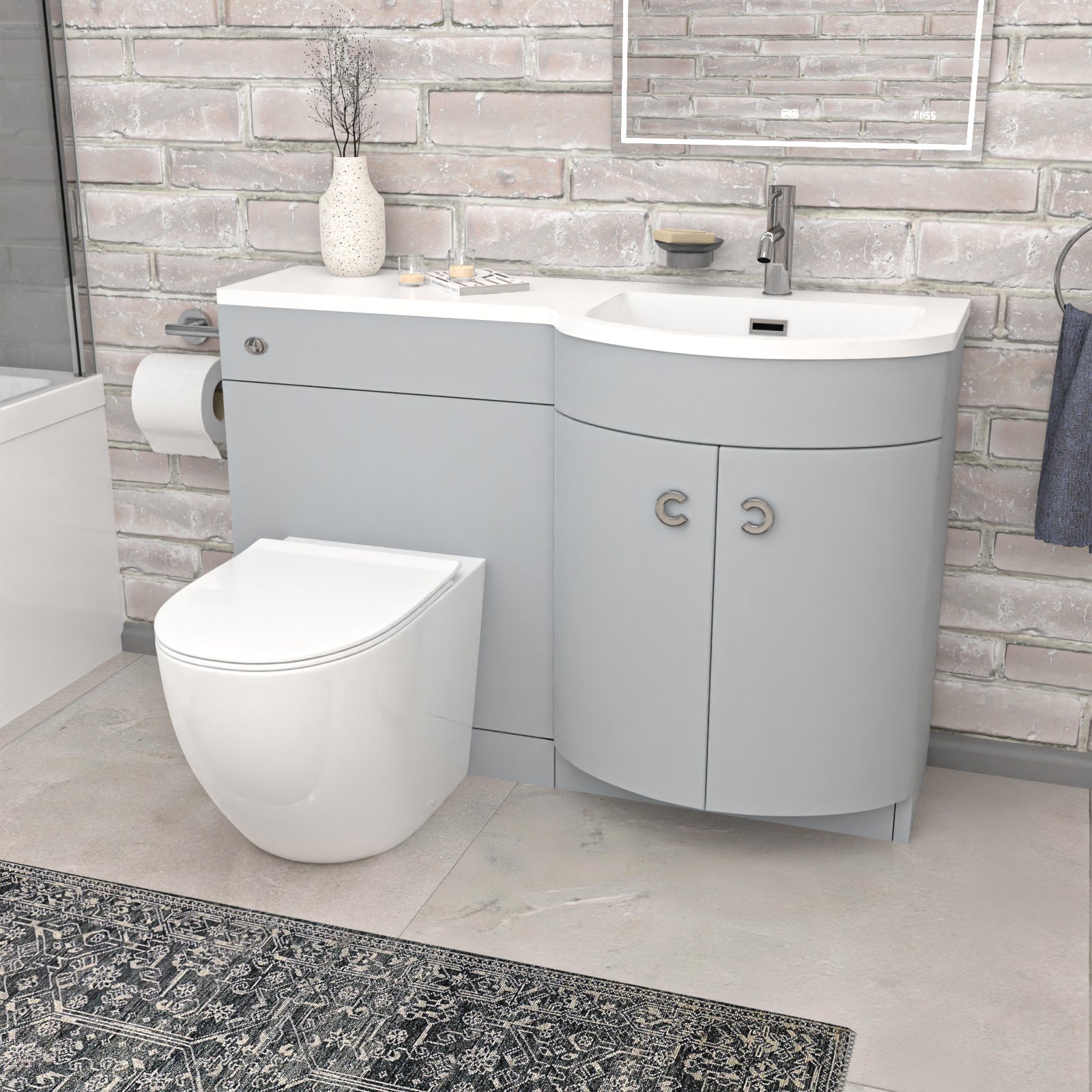 Dene L-Shaped RH Bath Matte Grey Basin Vanity Unit & White BTW Toilet
