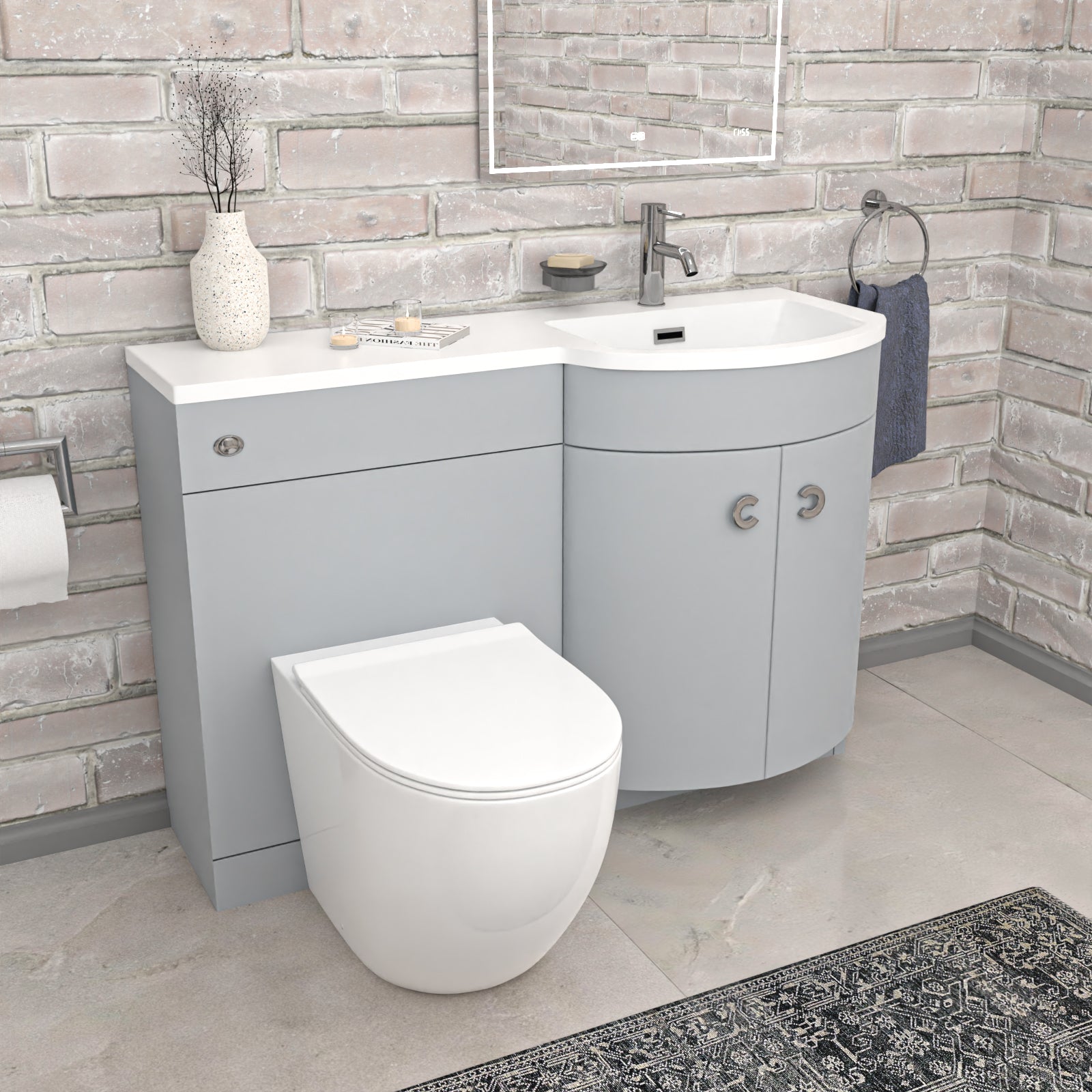 Dene L-Shaped RH Bath Matte Grey Basin Vanity Unit & White BTW Toilet