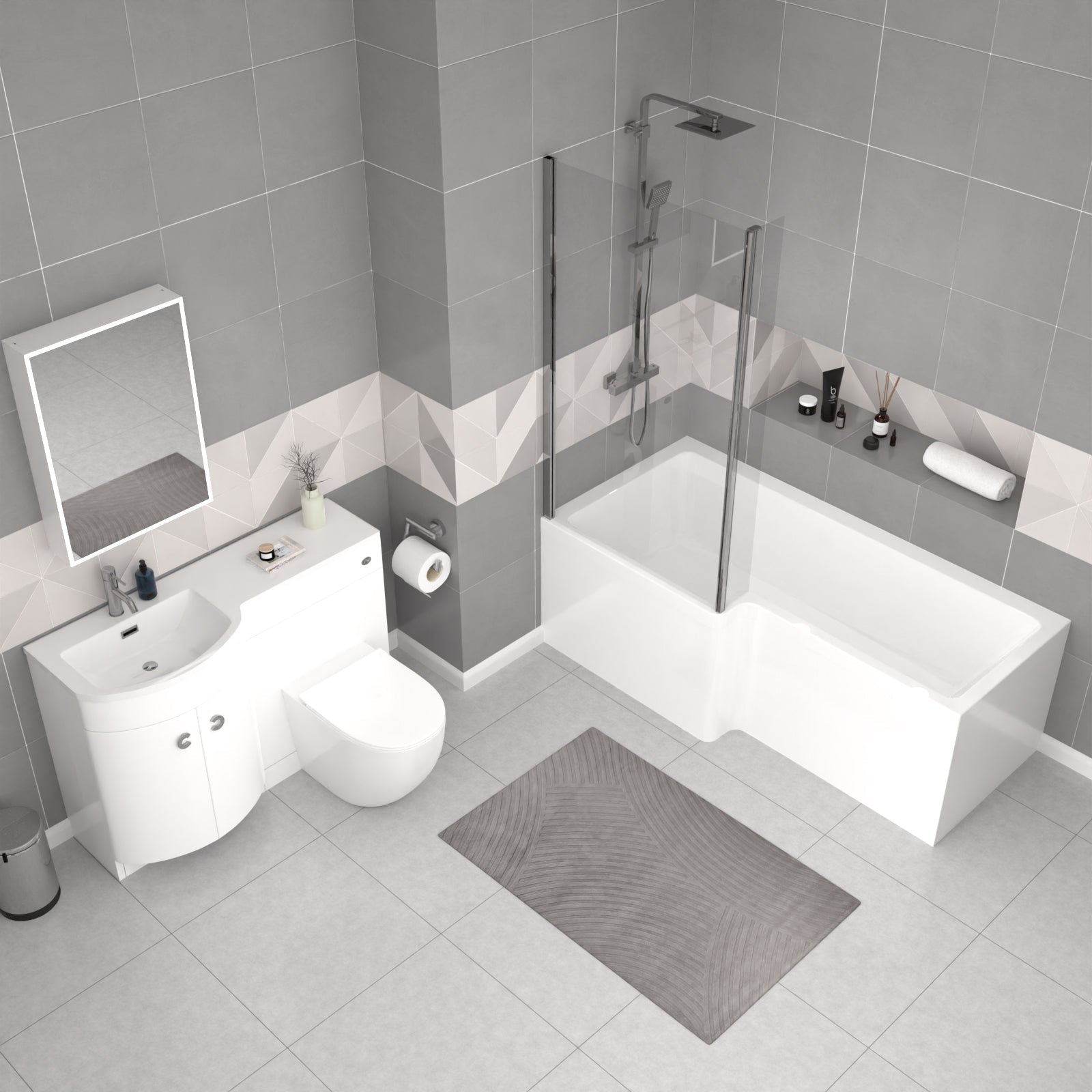 Dene L-Shaped LH 1700mm Shower Bath White Basin Vanity Unit & BTW Rimless Toilet